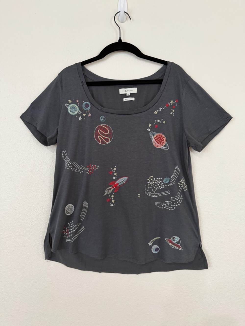 Charcoal Scoop Neck Tee with Space Graphic